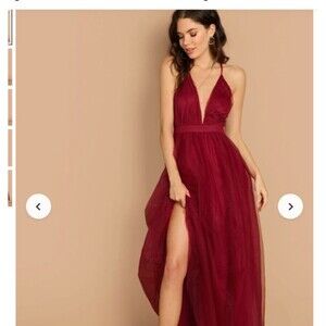 SHEIN Belle Plunging Neck Mesh-Overlay Dress Maroon S Fairy Grunge Boho Chic